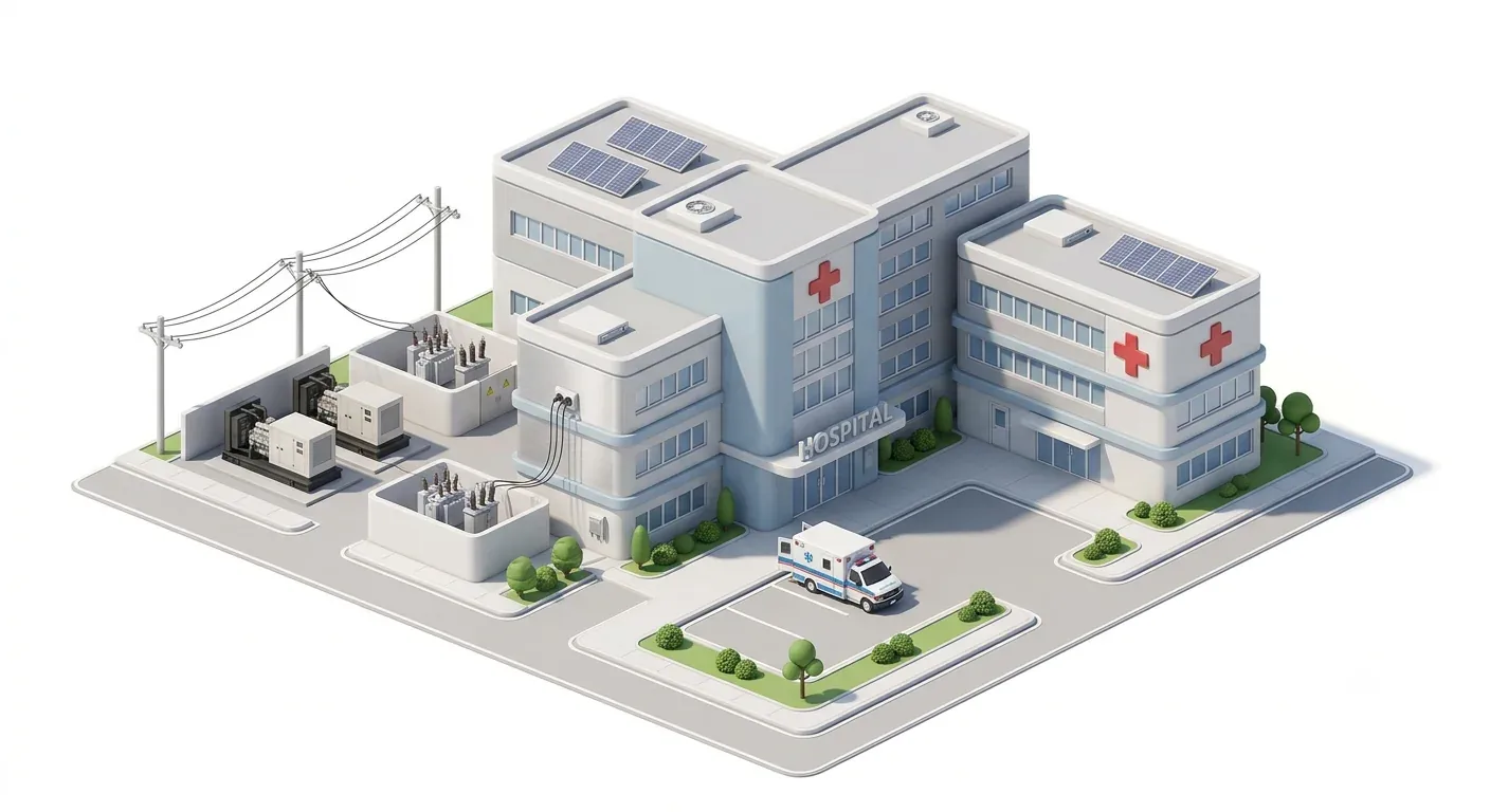 Isometric illustration of a hospital campus with backup generators and a substation feeding its power supply.